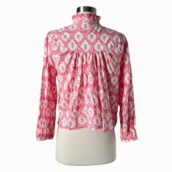 Marea Georgia Top XS Golden Hour Pink Print Cotton Tassel Tie Ruffle Blouse - Picture 6 of 9